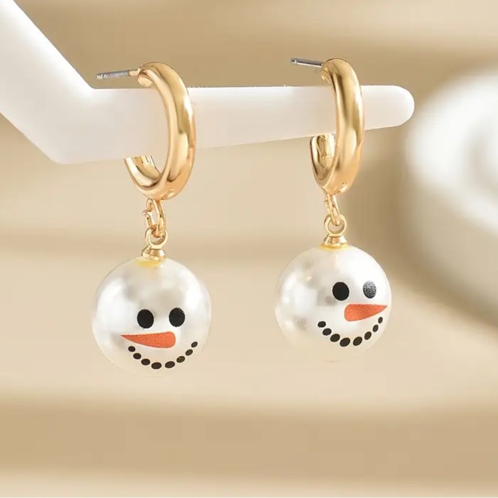 Gold Colored Hoop Earrings with White Pearl Snowman Drops